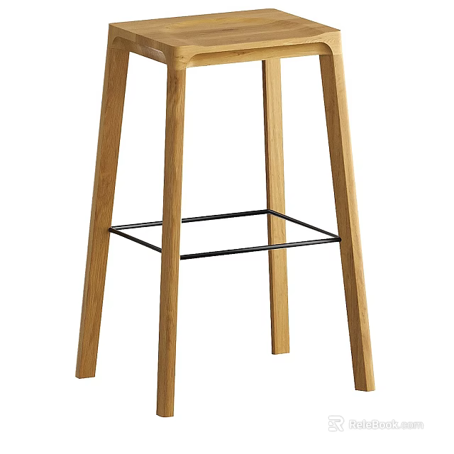 Modern Minimalist Wooden Bar Stool With Black Metal Footrest Support 3d model 
