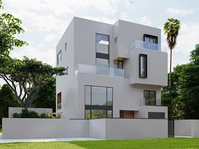 Modern Detached Villa With White Exterior Large Windows Balconies Surrounded By Green Trees And Lawn 3d model