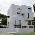Modern Detached Villa With White Exterior Large Windows Balconies Surrounded By Green Trees And Lawn