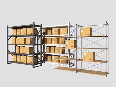 Industrial Metal Storage Shelves With Stacked Cardboard Boxes In Warehouse 3d model
