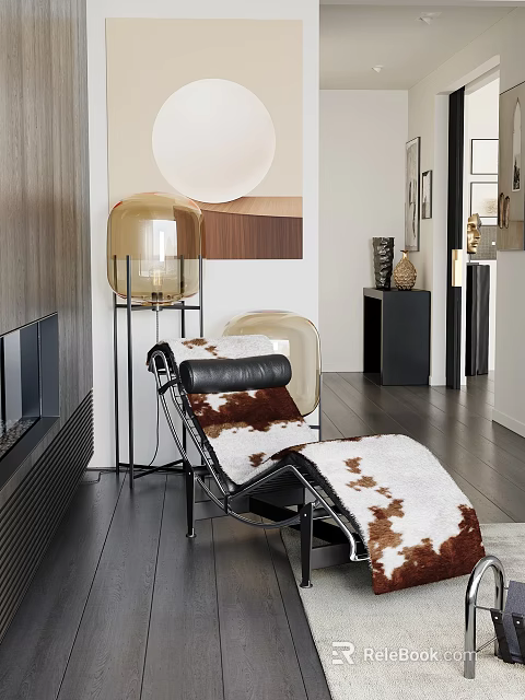 Contemporary Leisure Chair With Black Frame And Brown White Fur In Modern Living Room 3d model 