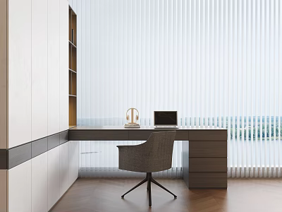 Modern Home Office Desk Interior With Blinds Chair Laptop Lamp And View Outside 3d model