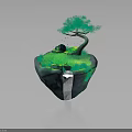 Lush Green Floating Rock Island With Curved Tree Grass And Waterfall Reflection