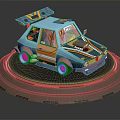 Cartoon Blue And Orange Car With Roof Wing Racing Text Red Wheels On Circular Stand