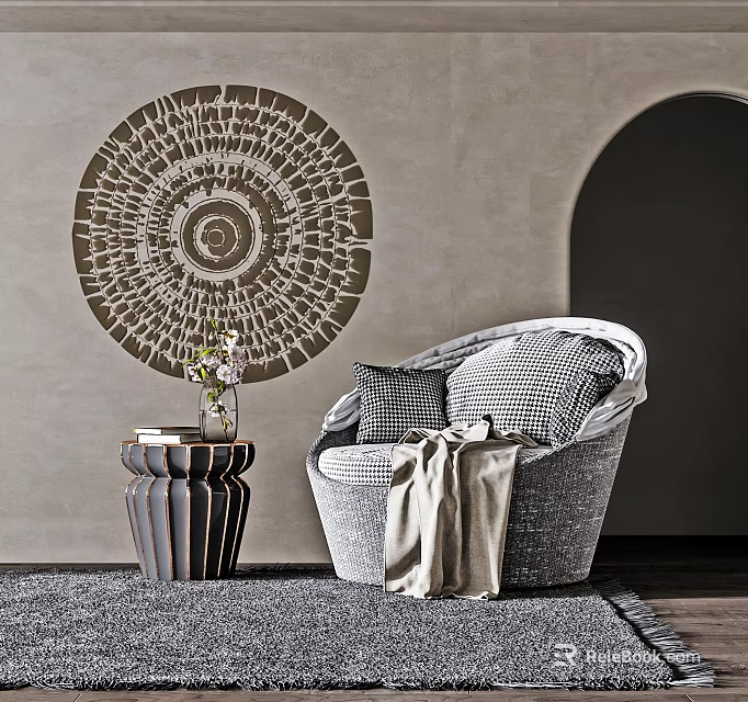 Stylish Single Sofa with Plaid Cushions Draped Blanket Round Wall Decoration and Side Table 3d model 
