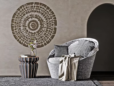 Stylish Single Sofa with Plaid Cushions Draped Blanket Round Wall Decoration and Side Table 3d model