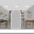 Traditional Cultural Activity Room Interior With Wooden Tables Bookshelves And Digital Screen