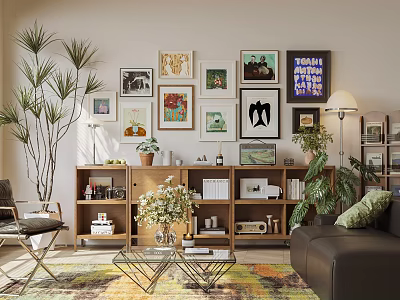 Cozy Living Room Interior With Sofa Coffee Table Wall Art And Green Plants 3d model