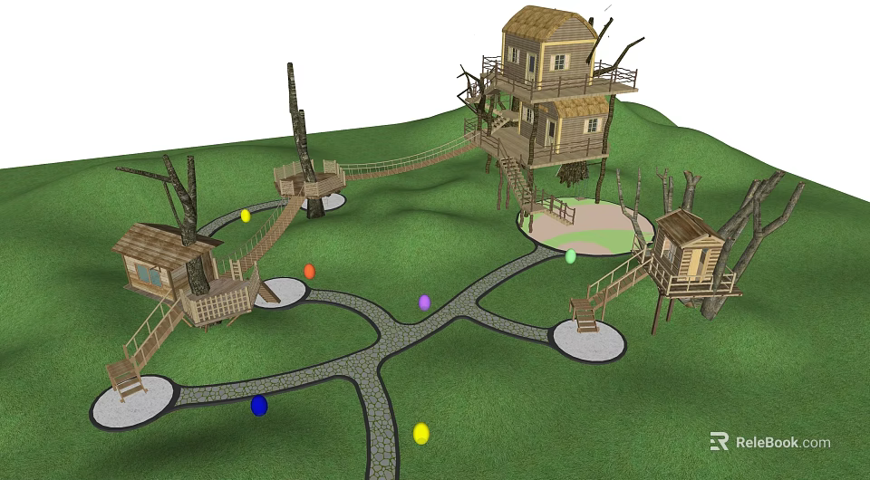 Charming Garden Tree Houses Connected by Rope Bridges With Winding Paths and Colorful Balls 3d model 