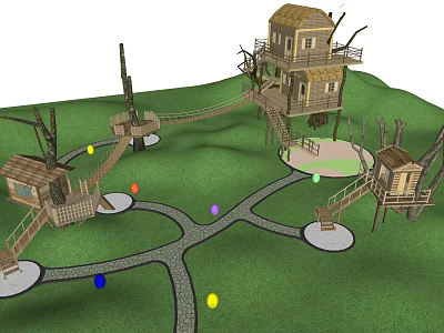 Charming Garden Tree Houses Connected by Rope Bridges With Winding Paths and Colorful Balls 3d model