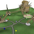 Charming Garden Tree Houses Connected by Rope Bridges With Winding Paths and Colorful Balls