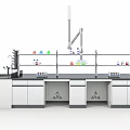 Modern Laboratory Setup With Black Lab Bench Colorful Reagent Bottles And Shelves