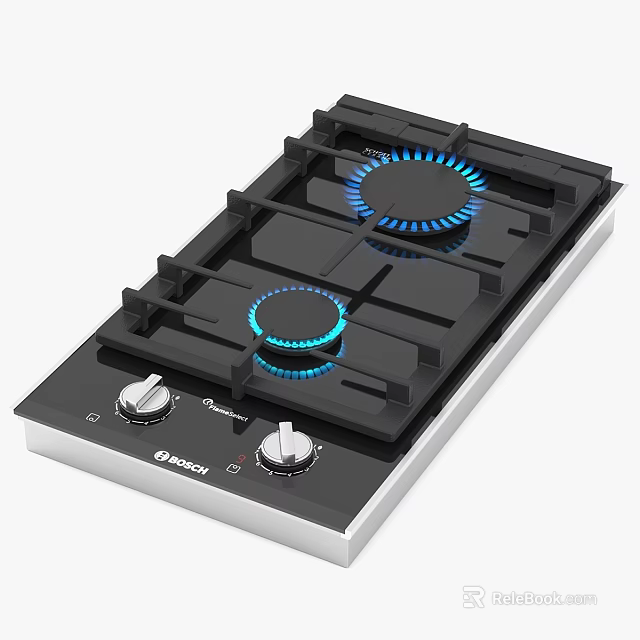 Modern Black Gas Hob With Blue Flames Control Knobs And Midea 3d model 