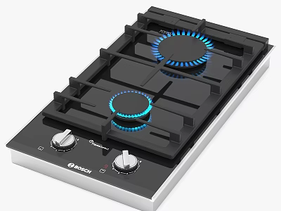 Modern Black Gas Hob With Blue Flames Control Knobs And Midea 3d model