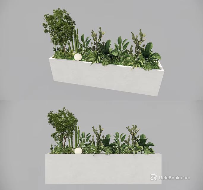 Decorative Plant Combination In White Rectangular Planter With Mixed Foliage And Spherical Decor 3d model