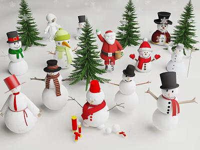 Festive Christmas Decorations With Assorted Snowmen Different Styles And Green Trees 3d model