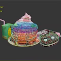 Pancakes Topped With Strawberry Syrup Cream Marshmallows Served With Green Drink Box And Pink Cookie