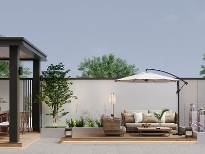 Outdoor Garden Landscape Design With Pavilion Wooden Deck Lounge Sofa And Parasol Plants 3d model