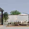 Outdoor Garden Landscape Design With Pavilion Wooden Deck Lounge Sofa And Parasol Plants