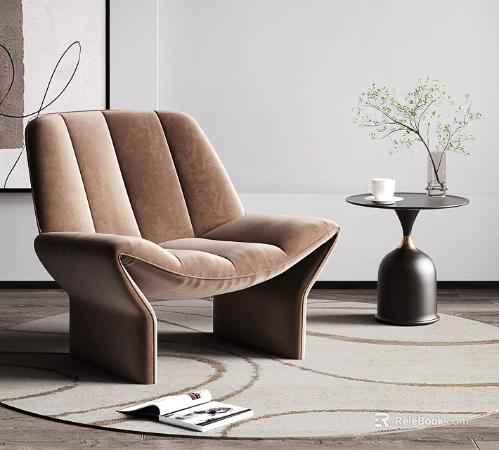 Brown Velvet Single Seater Sofa with Modern Design Small Round Table Green Plant White Cup 3d model 
