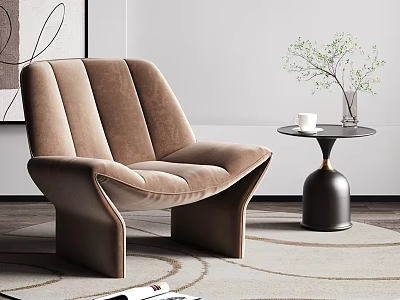 Brown Velvet Single Seater Sofa with Modern Design Small Round Table Green Plant White Cup 3d model