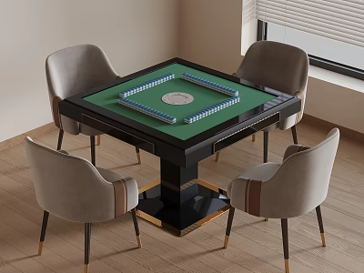 Black Entertainment Table With Mahjong Tiles Dice Gray Chairs Golden Legs On Wooden Floor 3d model
