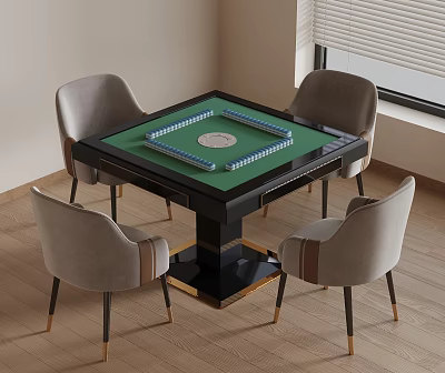 Black Entertainment Table With Mahjong Tiles Dice Gray Chairs Golden Legs On Wooden Floor 3d model