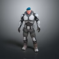 Futuristic Armored Warrior Character With Silver Gray Armor And Blue Beret