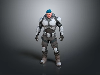 Futuristic Armored Warrior Character With Silver Gray Armor And Blue Beret 3d model