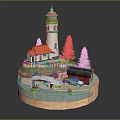 Cartoon Scene With Lighthouse Red Roof House Pine Trees Small Boat Blue Car And Water