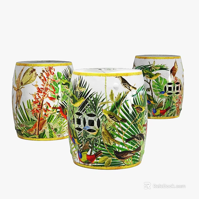 Drum Shaped Dining Table With Colorful Tropical Bird And Plant Designs 3d model 