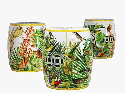 Drum Shaped Dining Table With Colorful Tropical Bird And Plant Designs 3d model