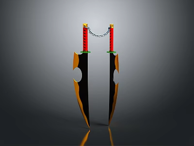 Double Daggers With Red Handles And Black Gold Blades Connected By Chain 3d model