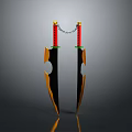 Double Daggers With Red Handles And Black Gold Blades Connected By Chain