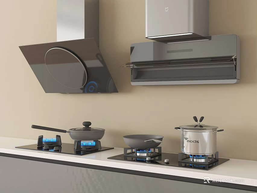 Modern Kitchen Appliances With Range Hoods Gas Stoves And Cooking Pots 3d model 