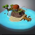 3D Island Scene With Red Roof Cabin Waterfall Wooden Bridge And Green Tree