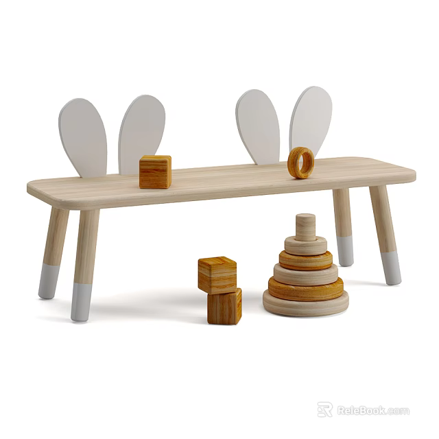 Kids Wooden Table with Rabbit Ears Backrest and Playful Blocks Stacking Rings Set 3d model 