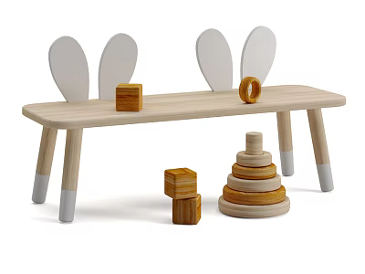 Kids Wooden Table with Rabbit Ears Backrest and Playful Blocks Stacking Rings Set 3d model