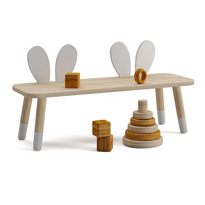 Kids Wooden Table with Rabbit Ears Backrest and Playful Blocks Stacking Rings Set 3d model