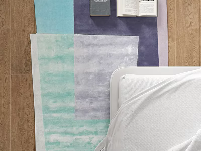 Stylish Color Block Area Rug In Bedroom With Bed And Books 3d model