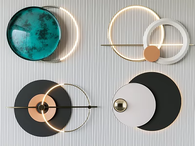Modern Circular Wall Decor with Illuminated Rings and Geometric Shapes in Blue Black White Gold 3d model