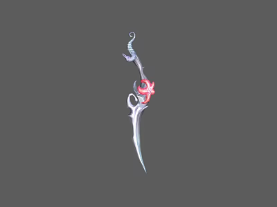 Ancient Fantasy Silver Weapon With Sharp Curved Blade And Red Ornate Decoration 3d model