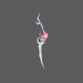 Ancient Fantasy Silver Weapon With Sharp Curved Blade And Red Ornate Decoration