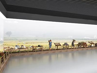 Modern Agricultural Exhibition Hall Featuring Display Stands Agricultural Products Visitors And Field View 3d model