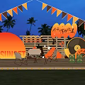 Sunset Scene With Palm Trees Colorful Bunting Flags And Outdoor Lounge Area