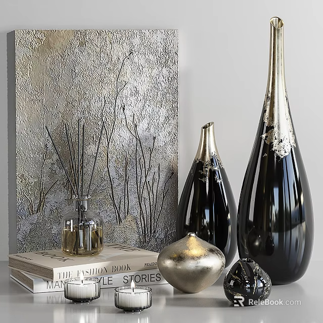 Elegant Decorative Ornament Set With Black Vases Metallic Accents Glass Bottles And Stacked Books 3d model 