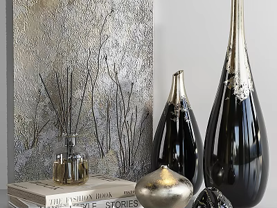 Elegant Decorative Ornament Set With Black Vases Metallic Accents Glass Bottles And Stacked Books 3d model