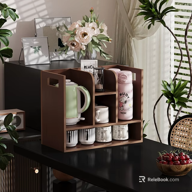 Cozy Restaurant Decor With Wooden Storage Rack Green Kettle Pink Thermos White Mugs And Greenery 3d model 