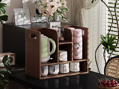 Cozy Restaurant Decor With Wooden Storage Rack Green Kettle Pink Thermos White Mugs And Greenery 3d model