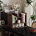Cozy Restaurant Decor With Wooden Storage Rack Green Kettle Pink Thermos White Mugs And Greenery